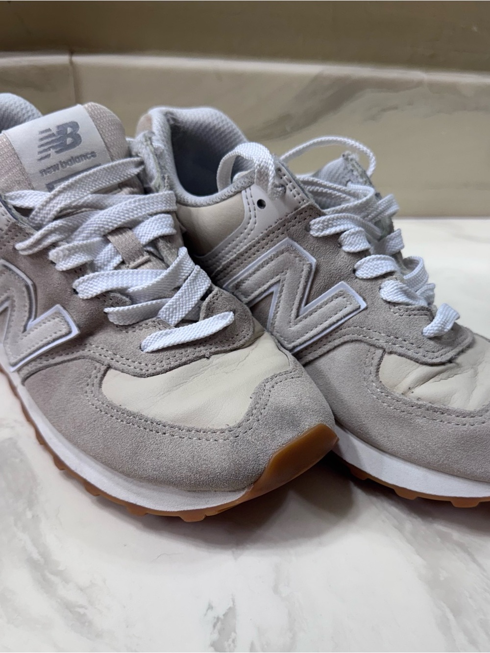 New Balance 574 Encap Light Grey Suede w Cream/Ivory leather & white Sneakers